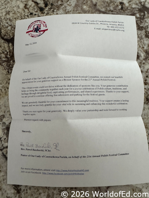 A thank you letter from the parish.