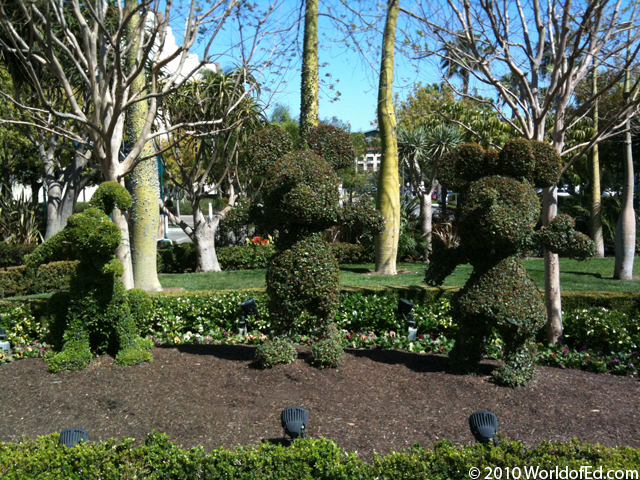 Shrubs shaped as Mickey and Minnie Mouse.