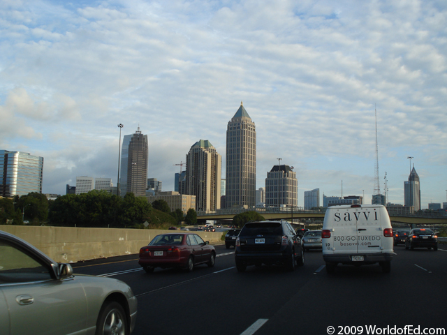 The Atlanta skyline as seen from a freeway.