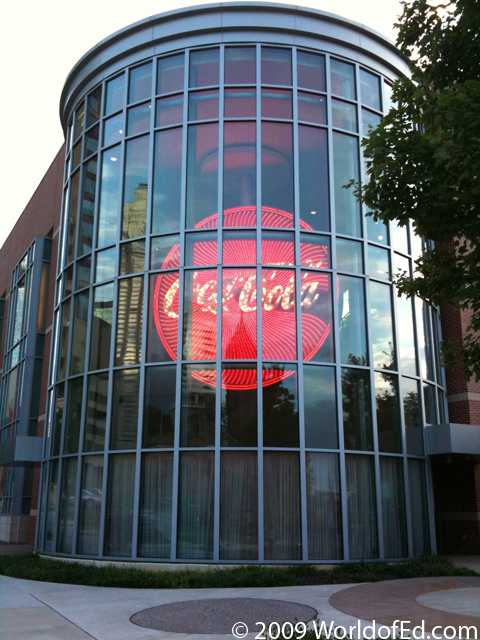 The World of Coke glass building exterior.