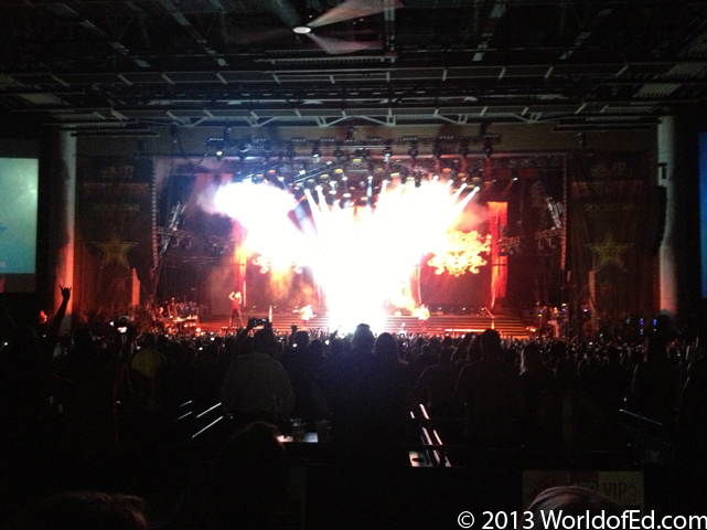 Pyrotechnics going off in front of the stage.