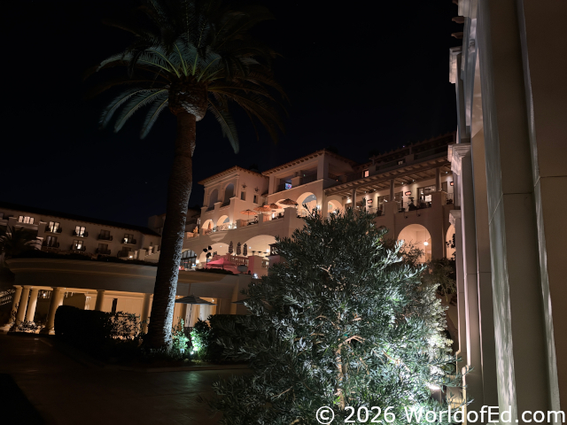 A night view looking up at the hotel.