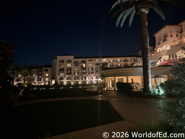 A night view of one of the hotel wings.