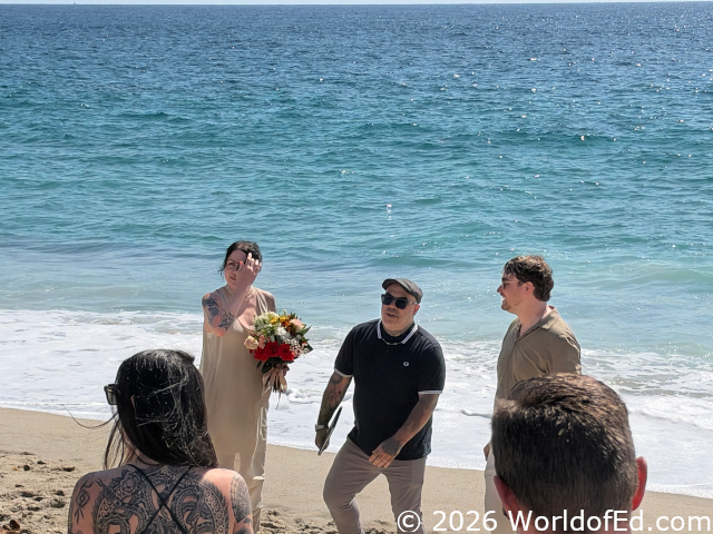 The couple at the beach wedding.