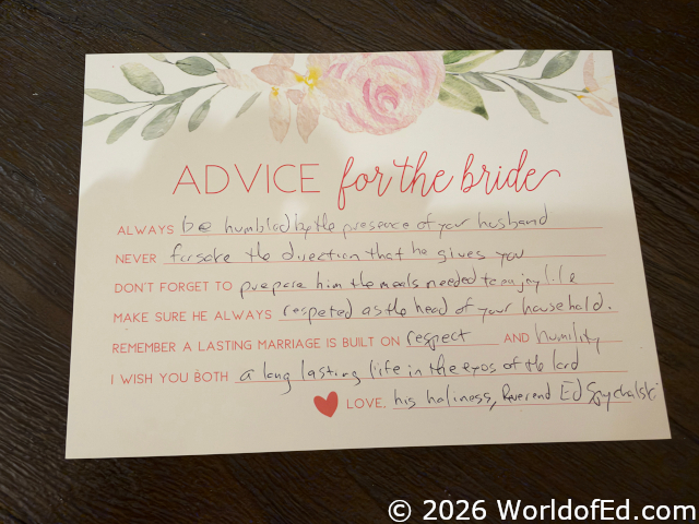 A card with advice for the bride.