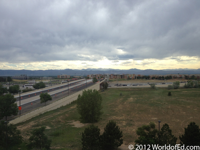 A view of the Rocky Mountains from a hotel room.