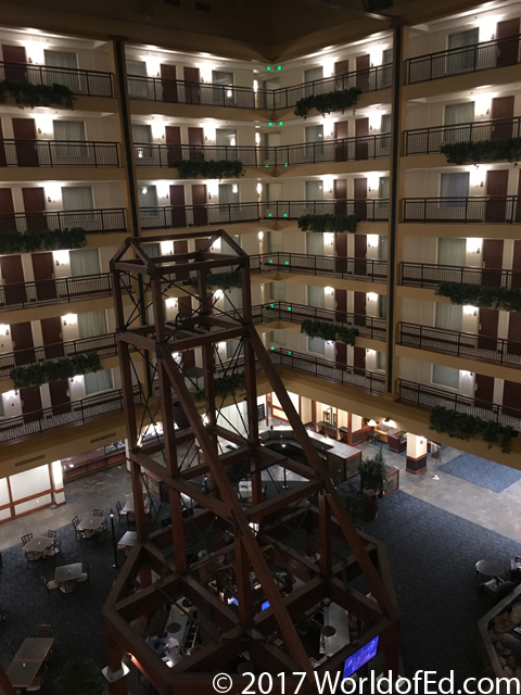 The interior of the Embassy Suites hotel.