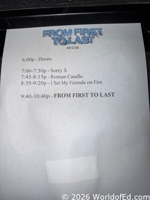 The day sheet on the green room door.