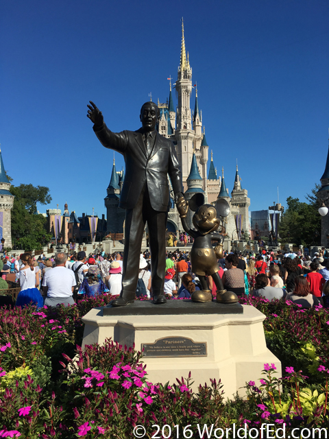 A statue of Walt Disney and Mickey Mouse.
