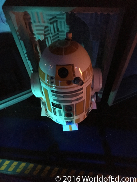 A Star Wars droid in the Star Tours hallway.