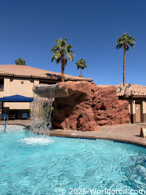 The waterfall feature of the hotel pool.