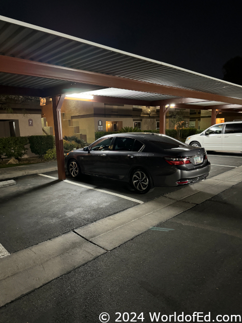 A car in a parking space.