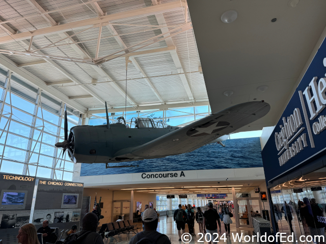 A plane suspended from the ceiling.
