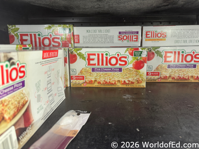 Ellio's pizza in a freezer.