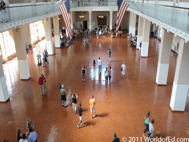 The grand hall inside of Ellis Island.