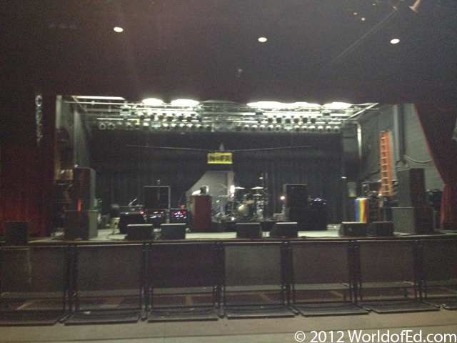 The stage at the Marquee Theater with NOFX gear on it.