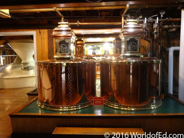 Copper vats with raw ethanol running through them.