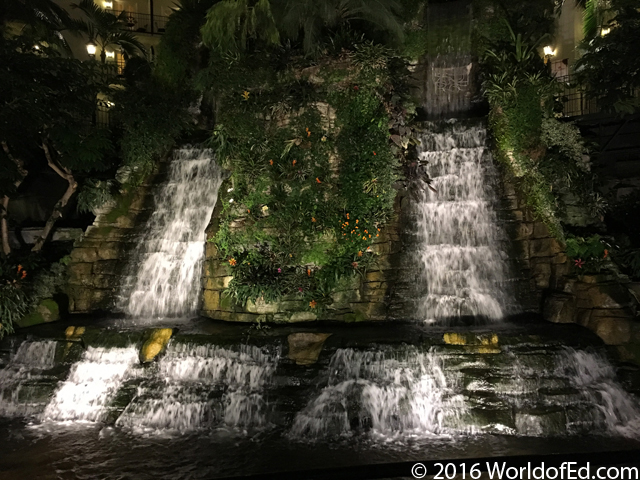 An artificial waterfall inside of the Gaylord hotel.