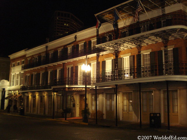 Buildings at night on Bourbon Street.