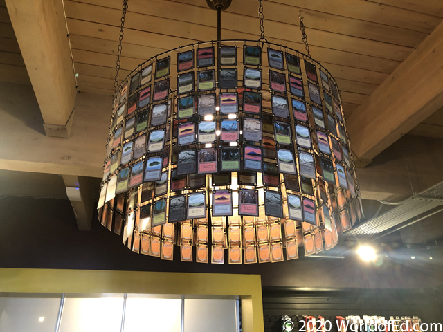 A chandelier made of Magic cards.