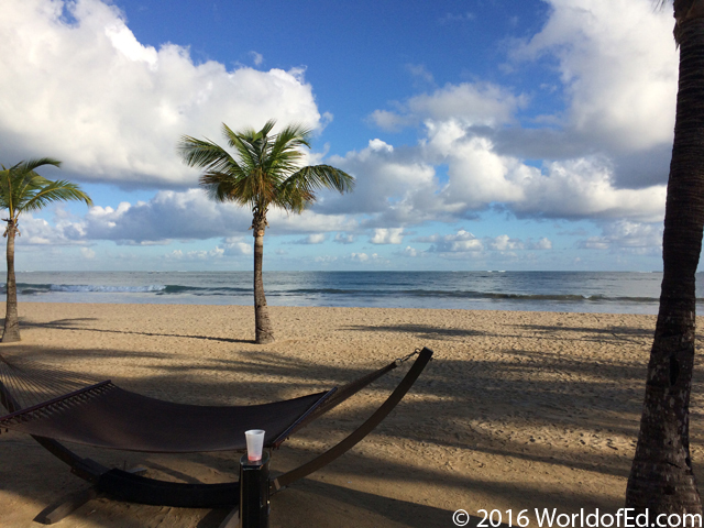 A hammock on a beach.