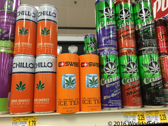 A store shelf with energy drinks.
