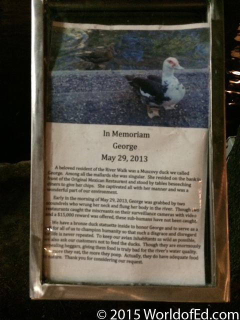 A sign memorializing a dead duck.
