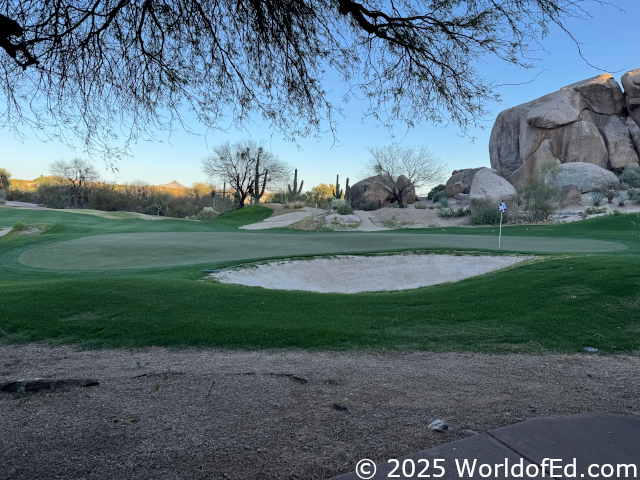 A golf course with a tree in the foreground.