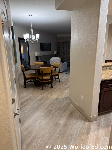 Looking into a hotel room.