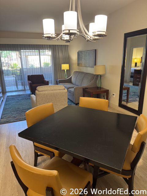 The living area of the room.