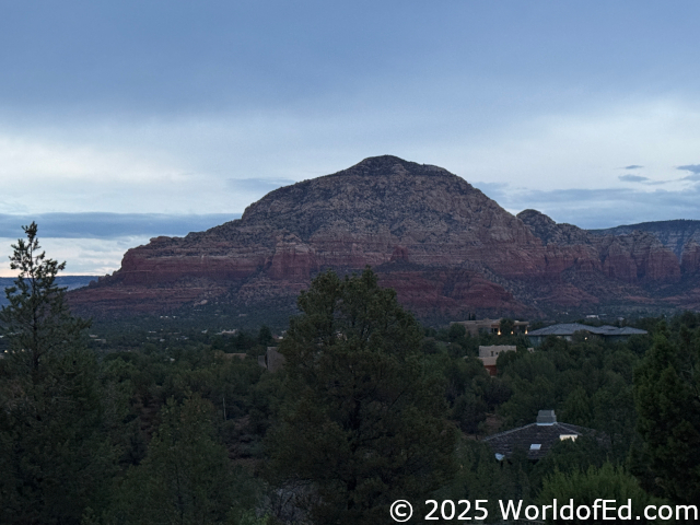 The redrock mountains in the distance.