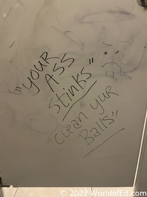 Graffiti on a bathroom stall door.