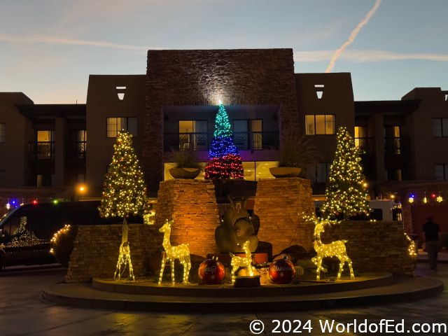 The hotel exterior with hotel decorations.