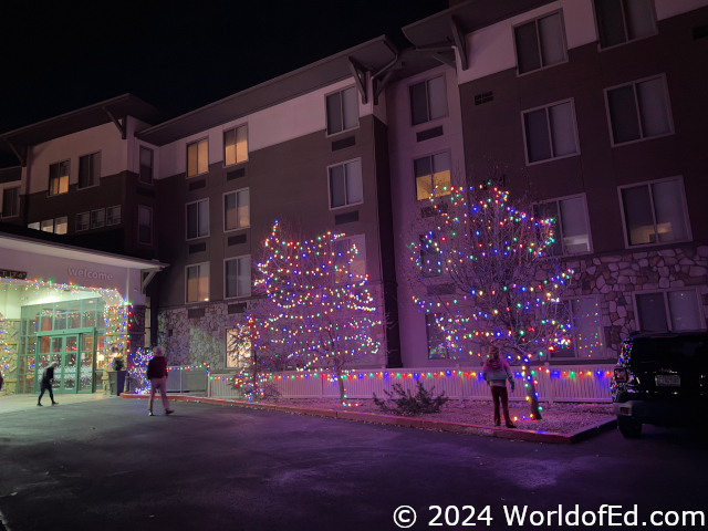 Christmas lights on the Hampton Inn exterior.
