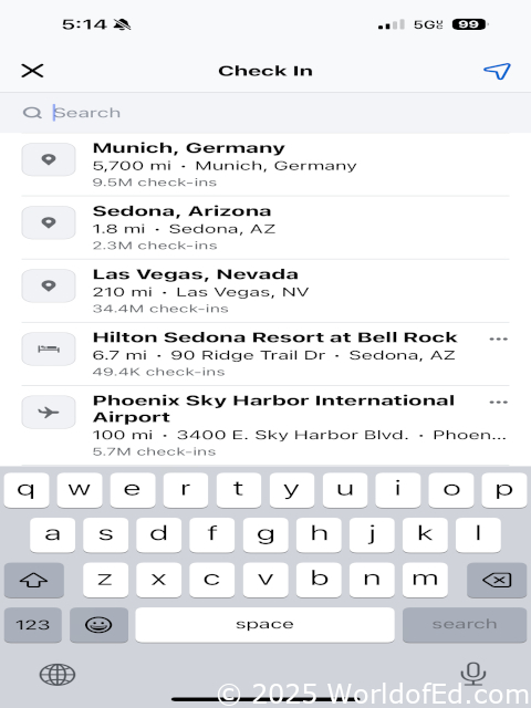 A list of places to check in on social media.