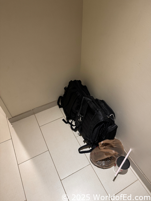 A few backpacks on a hotel closet floor.