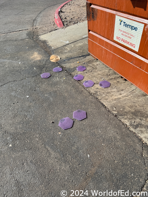 Trash in front of a dumpster.