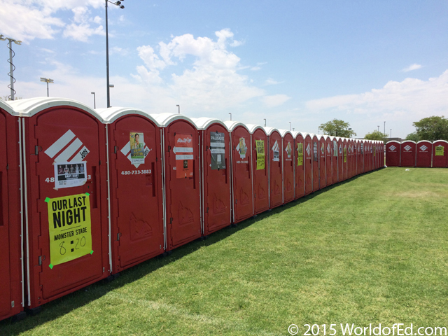 A line of portable toilets.
