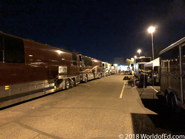 A row of tour buses lined up.