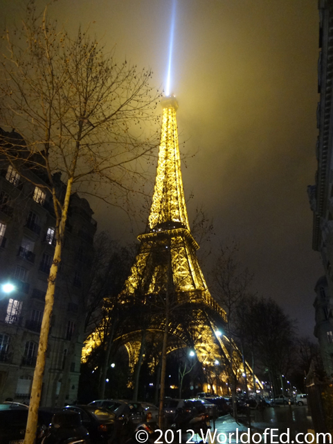 The Eiffel tower at night.