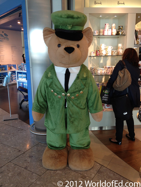 A stuffed Harrods' bear in Heathrow airport.