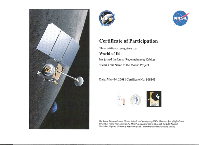 A certificate for the World of Ed for a lunar explorer.